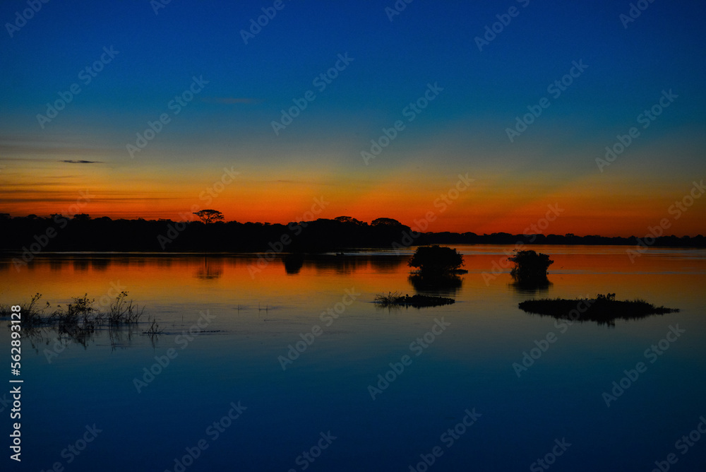 Beautiful twilight on the Guaporé - Itenez river from the remote, riverside Forte Príncipe da Beira fort, Costa Marques, Rondonia state, Brazil on the border with Beni Department, Bolivia