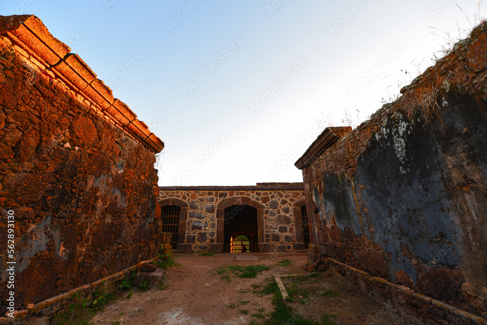 Inside the ruins of the Forte Príncipe da Beira fort at sunset, on the banks of the Guaporé-Itenez river, near Costa Marques, Rondonia state, Brazil, on the border with the Beni Department, Bolivia