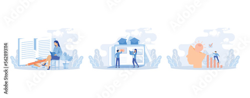 Self development and management illustration. Characters self-learning with books, online courses or internet tutorials. Education and personal growth concept. Flat vector modern illustration 