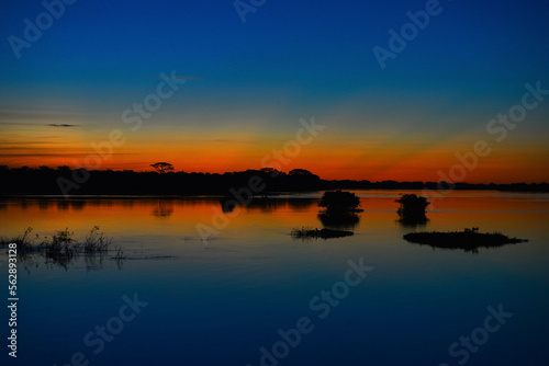 Beautiful twilight on the Guaporé - Itenez river from the remote, riverside Forte Príncipe da Beira fort, Costa Marques, Rondonia state, Brazil on the border with Beni Department, Bolivia
