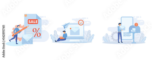 E-mail marketing and promotion scenes. Characters sending advertising mails and promotional offers with sales and discounts. Ecommerce business concept. Flat vector modern illustration 