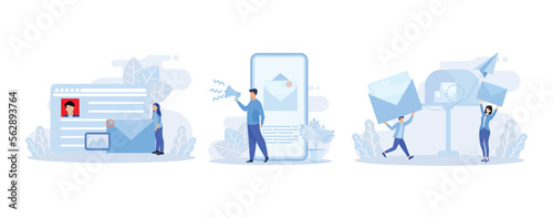 Email Marketing Scenes. People Characters Using Online Postbox and Sending Advertising Mails. Woman and Man Holding Envelopes and Reading Letters. Flat vector modern illustration 