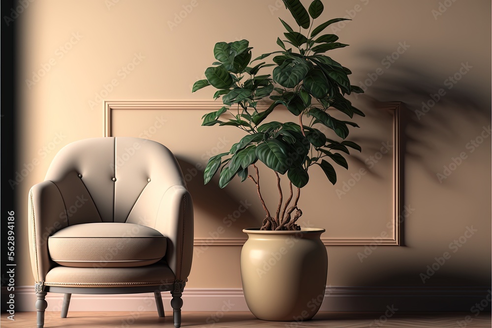 Minimalist living room with beige wall, beige armchair and potted plant. Generative AI