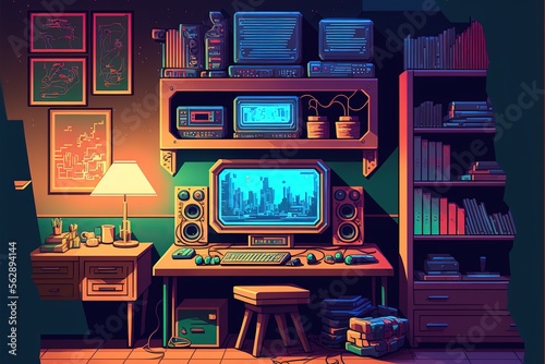 Game room with console, 80's style, pixel art. Generative AI