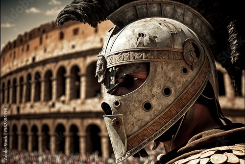 Gladiator with scary helmet, coliseum in background. Generative AI