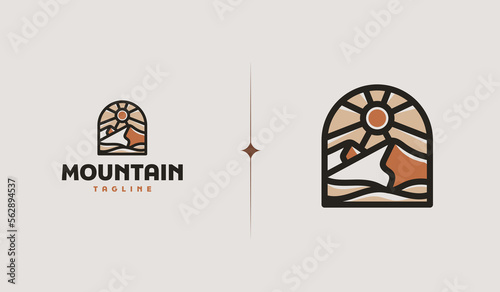 Mountain and Sun Rays, Mount Peak Hill Nature Landscape view for Adventure Outdoor logo template
