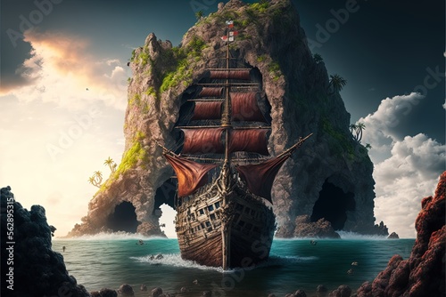 Pirate ship at sea, ghost island in the background. Generative AI