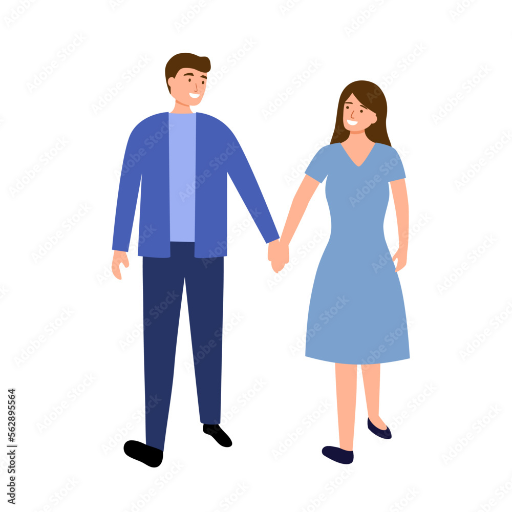 Happy loving couple holding hands walking together in flat design on white background. Happy loving couple holding hands walking together in flat design on white background.