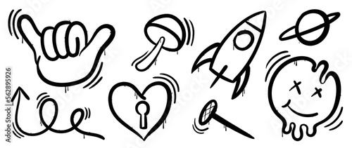 Set of graffiti spray paint vector. Collection black spray texture of heart, symbol, shaka hand sign, mushroom, rocket, planet. Design illustration for decoration, card, sticker. banner, street art.