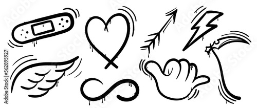 Set of graffiti spray paint vector. Collection black spray texture of heart, wing, arrow, lightning bolt, symbol, plaster, sign. Design illustration for decoration, card, sticker. banner, street art.