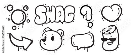Set of graffiti spray paint vector. Collection black spray texture of bubble, swag, arrow, heart, moody bear, question mark. Design illustration for decoration, card, sticker. banner, street art.