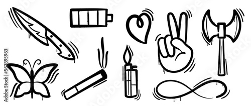 Set of graffiti spray paint vector. Collection black spray texture of knife, hand sign, cigarette, heart, butterfly, lighter. Design illustration for decoration, card, sticker. banner, street art.