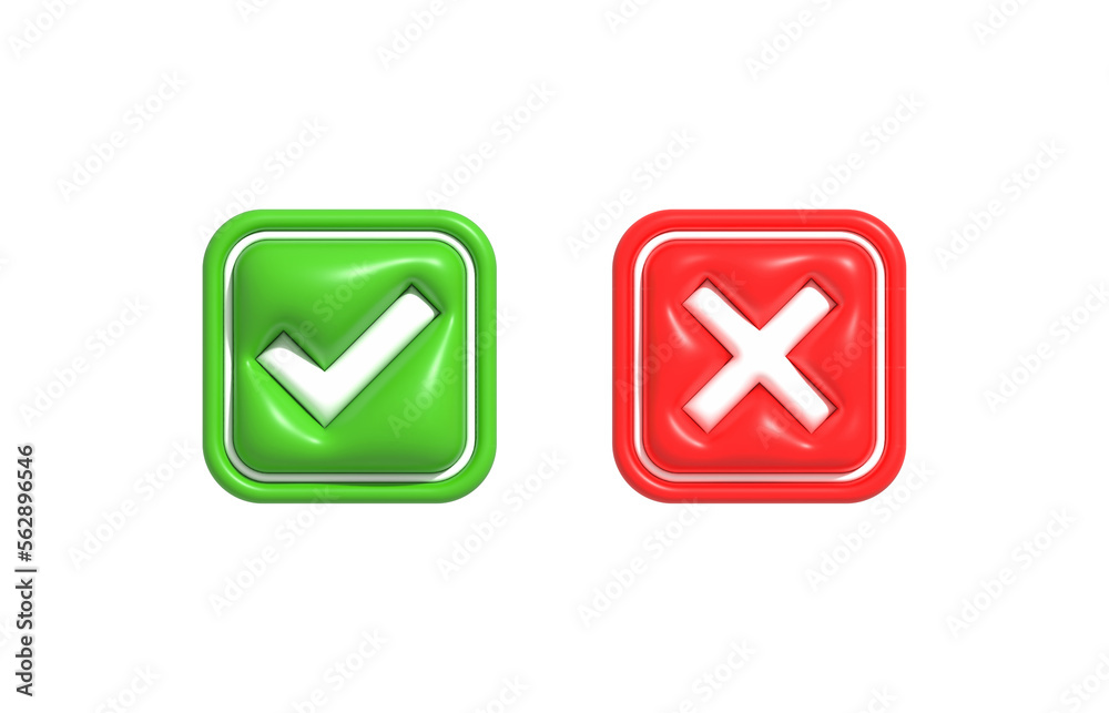 Realistic right and wrong, yes or no, approved or declined 3D Button. Acceptance, Rejection and Attention symbols 3D render illustration Realistic right and wrong, yes or no, approved or declined 3D Button. Acceptance, Rejection and Attention symbols 3D render illustration