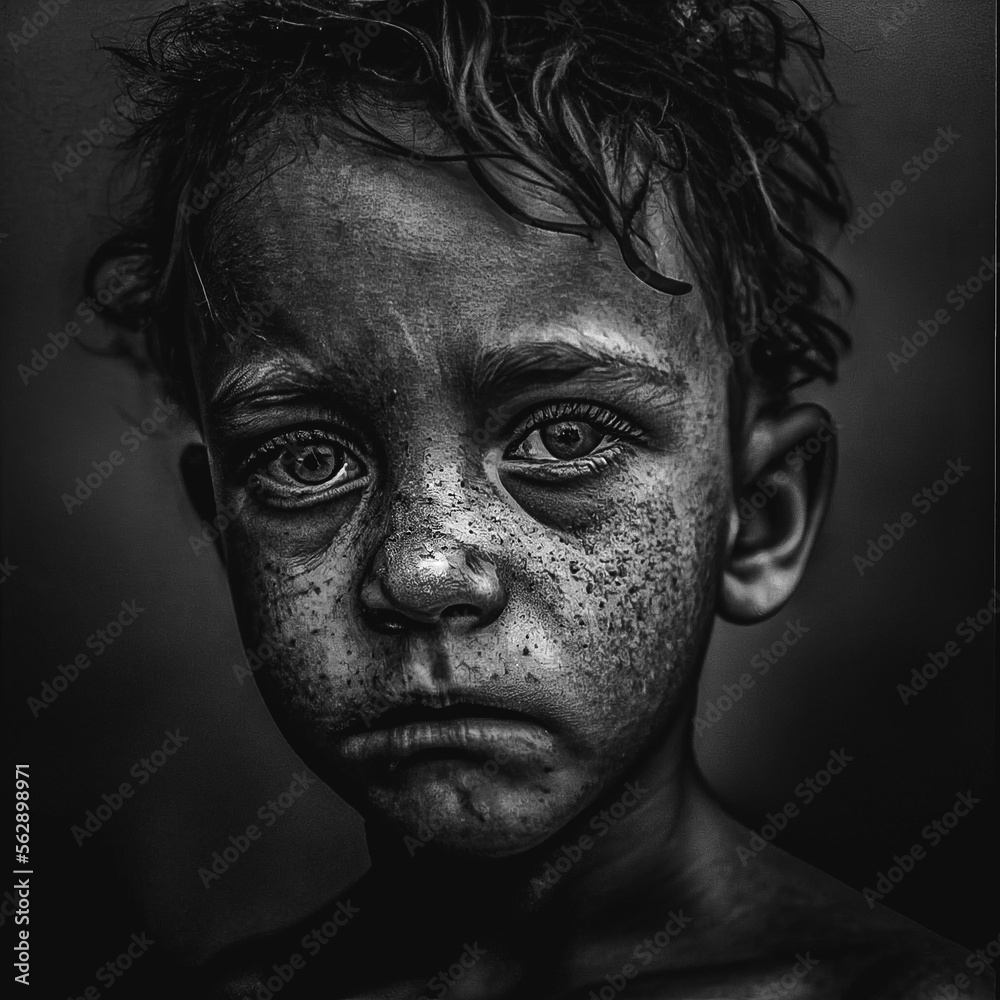 Black and White Portrait of a homeless boy sad, crying with tears in eyes made with Generative AI Black and White Portrait of a homeless boy sad, crying with tears in eyes made with Generative AI
