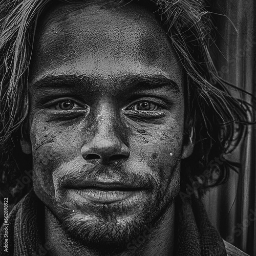 Close up portrait of a homeless teenager made with Generative AI, Artificial Intelligence black and white portrait on the street.