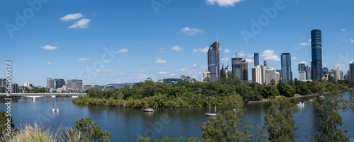 Panorama view of Brisbane City skyline, towards Captain Cook Bridge, QUT Campus and City Botanic Gardens