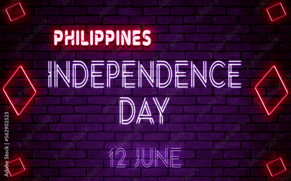 Happy Independence Day of Philippines, 12 June. World National Days Neon Text Effect on bricks background Happy Independence Day of Philippines, 12 June. World National Days Neon Text Effect on bricks background