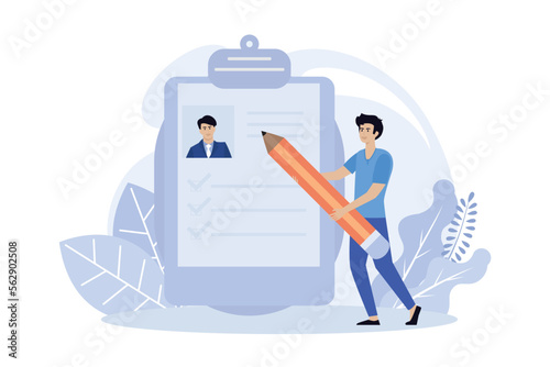 Hiring illustration. Hr manager searching potential job candidates. Characters writing CV and applying for work position. Job recruitment process concept. flat vector modern illustration 