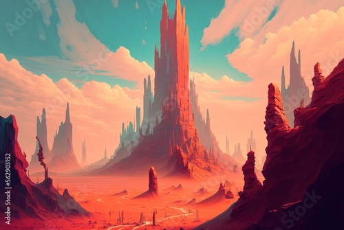 Fototapete Scorching hot Arizona like desert with huge sandstone rock formations, arid and dry weather conditions erode and leave landscape lifeless - generative AI illustration