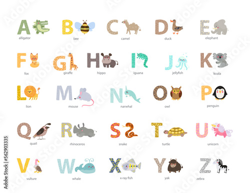 Photography vector alphabet with colorful animals