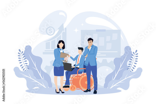 Business people illustration. Diverse characters and persons with disability working together at office. People talking with colleagues and planning financial strategy. Flat vector modern illustration
