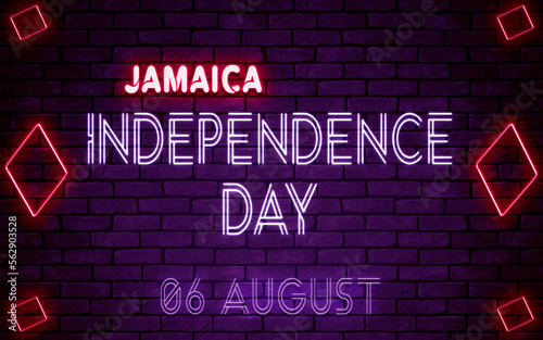 Happy Independence Day of Jamaica  06 August. World National Days Neon Text Effect on bricks background