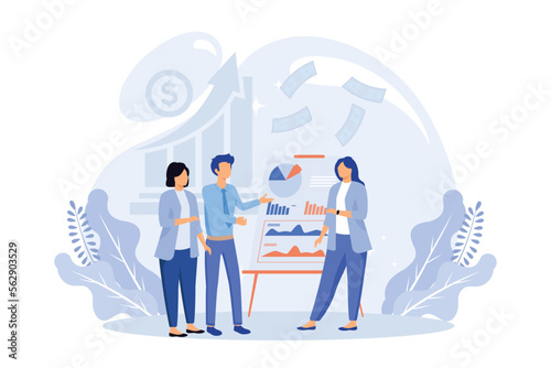 Business people illustration. Diverse characters and persons with disability working together at office. People talking with colleagues and planning financial strategy. Flat vector modern illustration