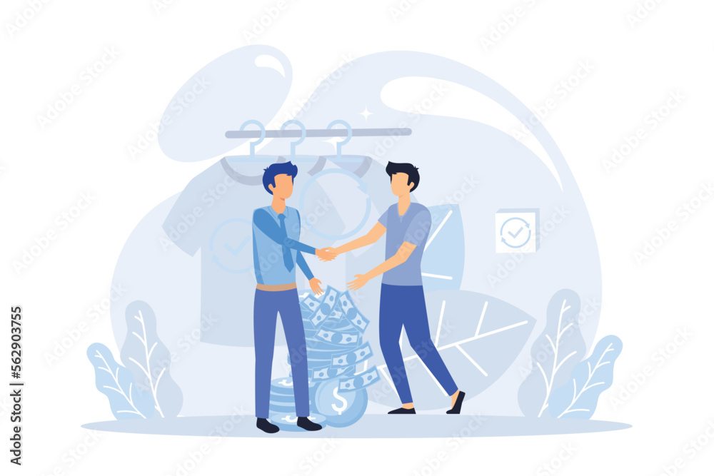 Sustainability illustration. Characters reducing food waste, buying reused clothes, recycling plastic bottles. Reduce, reuse, recycle and zero waste concept. Flat vector illustration 