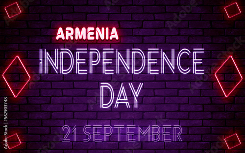 Happy Independence Day of Armenia, 21 September. World National Days Neon Text Effect on bricks background
