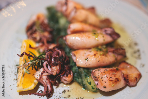 Fried grilled baby squids on a plate with garlic, lemon and mashed potato garnish served in a traditional seafood restaurant in Montenegro, prepared cooked calamari on a table photo