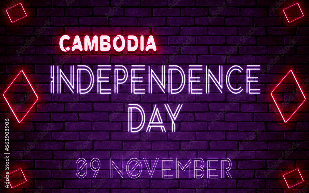 Obraz premium Happy Independence Day of Cambodia, 09 November. World National Days Neon Text Effect on bricks background