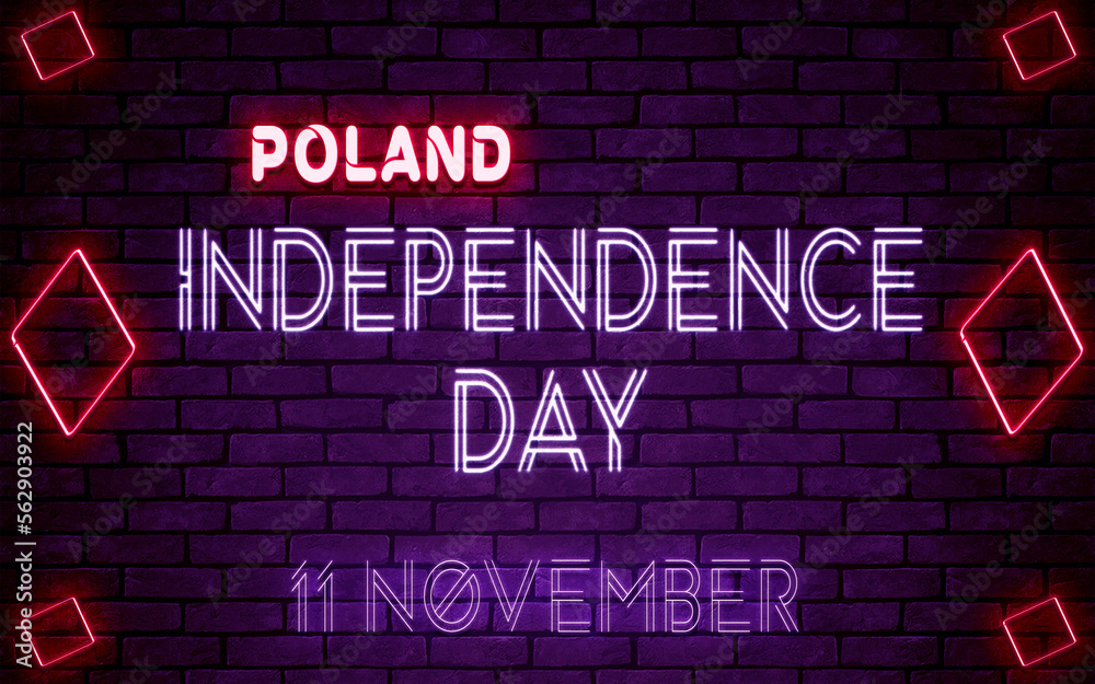 Fototapeta premium Happy Independence Day of Poland, 11 November. World National Days Neon Text Effect on bricks background