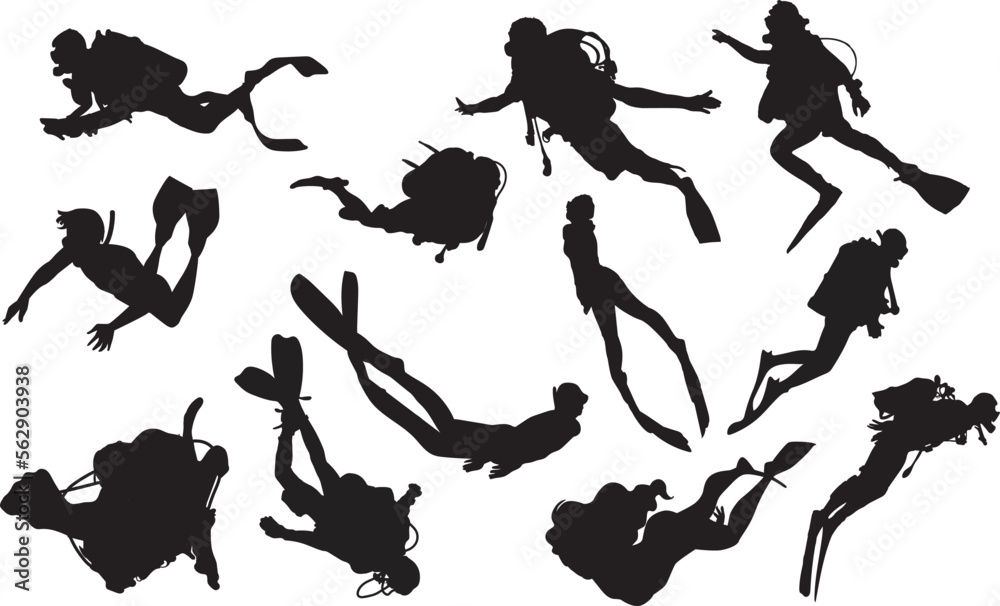 Scuba divers silhouette, Set of Scuba divers, set of Diving silhouettes