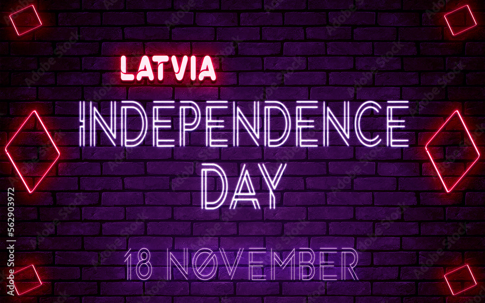 Happy Independence Day of Latvia, 18 November. World National Days Neon Text Effect on bricks background