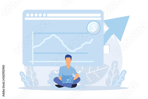 Financial illustration. Characters investing money in stock market. People analyzing financial graphs, latest stock market news and other data. Stock trading concept. Flat vector modern illustration 