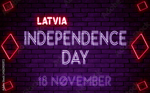 Happy Independence Day of Latvia  18 November. World National Days Neon Text Effect on bricks background