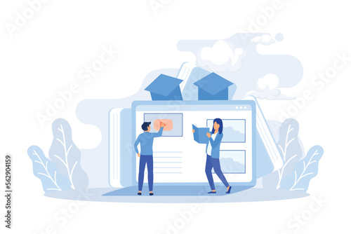 Self development and management illustration. Characters self-learning with books, online courses or internet tutorials. Education and personal growth concept. Flat vector modern illustration 