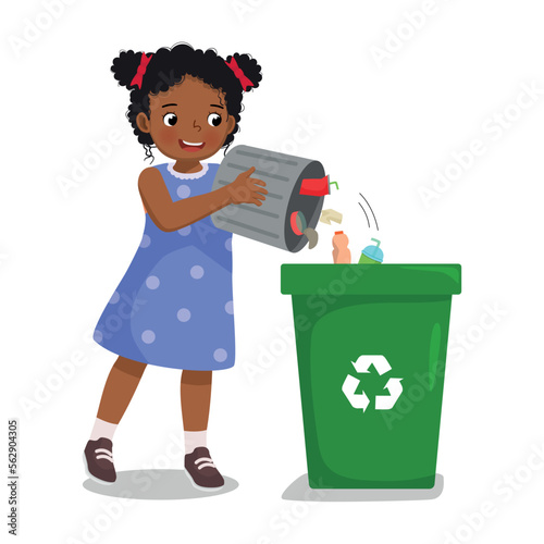 cute little African girl taking out the trash into recycling bin doing daily routine housework chores at home