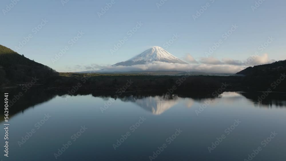 Aerial drone view of Mount Fuji in Winter from lake Shoji, Yamanashi Prefecture, Japan Aerial drone view of Mount Fuji in Winter from lake Shoji, Yamanashi Prefecture, Japan
