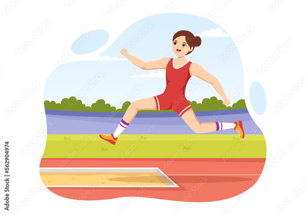 Long Jump Illustration with Athlete Doing Jumps in Sand Pit for Web Banner or Landing Page in Sport Championship Flat Cartoon Hand Drawn Templates