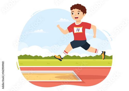 Long Jump Illustration with Kids Doing Jumps in Sand Pit for Web Banner or Landing Page in Sport Championship Flat Cartoon Hand Drawn Templates
