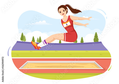 Long Jump Illustration with Athlete Doing Jumps in Sand Pit for Web Banner or Landing Page in Sport Championship Flat Cartoon Hand Drawn Templates