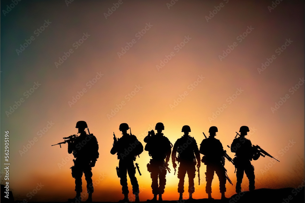 group of soldiers silhouettes on sunset.Generative AI