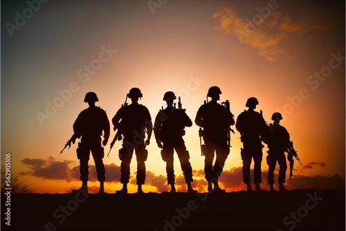 group of soldiers silhouettes on sunset.Generative AI