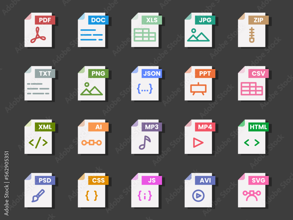 Document file format folder pdf doc xls jpg zip txt png json ppt csv xml ai mp3 mp4 html psd css js avi svg Document file format folder pdf doc xls jpg zip txt png json ppt csv xml ai mp3 mp4 html psd css js avi svg