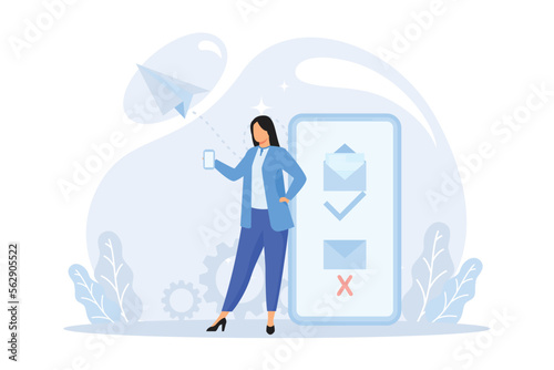Email Marketing Scenes. People Characters Using Online Postbox and Sending Advertising Mails. Woman and Man Holding Envelopes and Reading Letters. Flat vector modern illustration 
