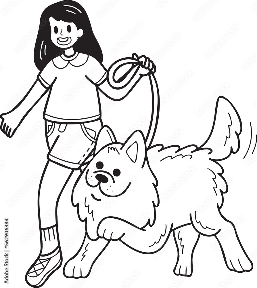 Fototapeta premium Hand Drawn Samoyed Dog walking with owner illustration in doodle style