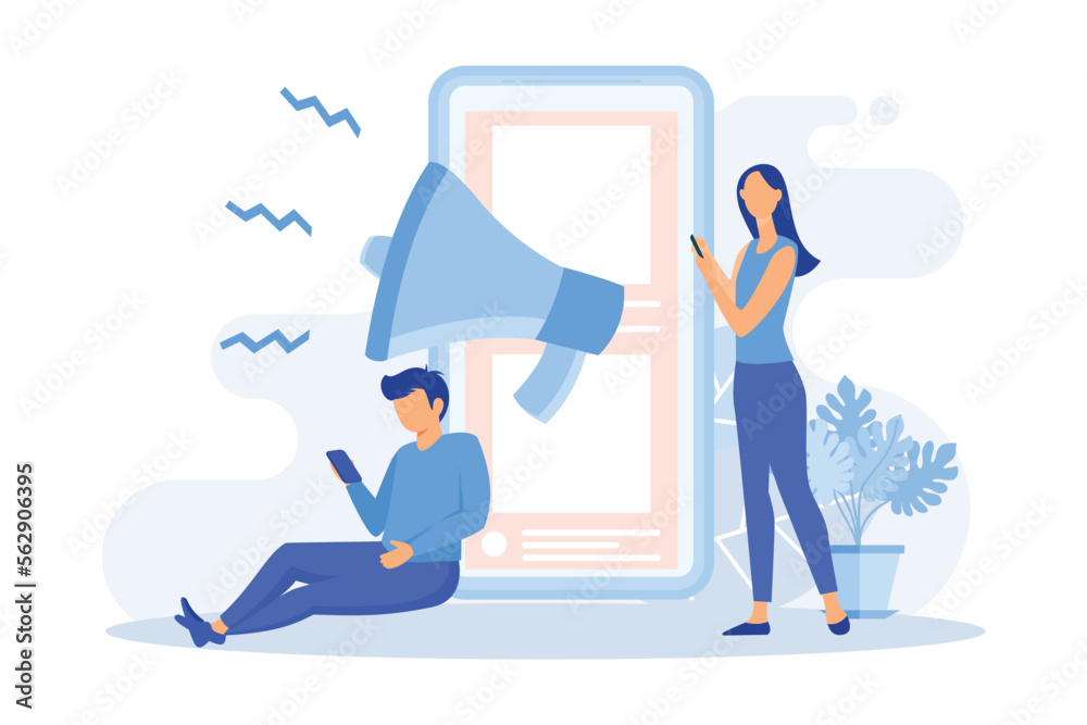 Social media illustration. Characters integrating with social media platform. Followers leaving reaction on posts, giving feedback, likes and writing comments. Flat vector modern illustration 