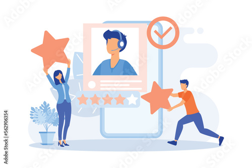 Customer feedback and user experience illustration. Characters giving review to customer service operator, choosing emoji to show satisfaction rating and filling survey form. flat vector illustration 