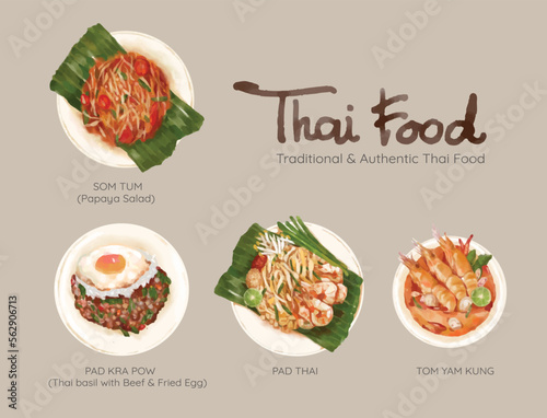 Hand drawn watercolor Thai food including Pad Thai, Som Tum or papaya salad, Pad Kra Pow or basil with beef and fried egg, and Tom Yam Kung. 